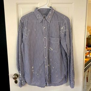 NSF blue&white striped cotton poplin button front shirt w paint splatter detail